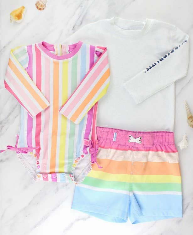 RuffleButts + RuggedButts - Rainbow Multi-Stripe Swim Trunks RuffleButts + RuggedButts - Rainbow Multi-Stripe Swim Trunks
