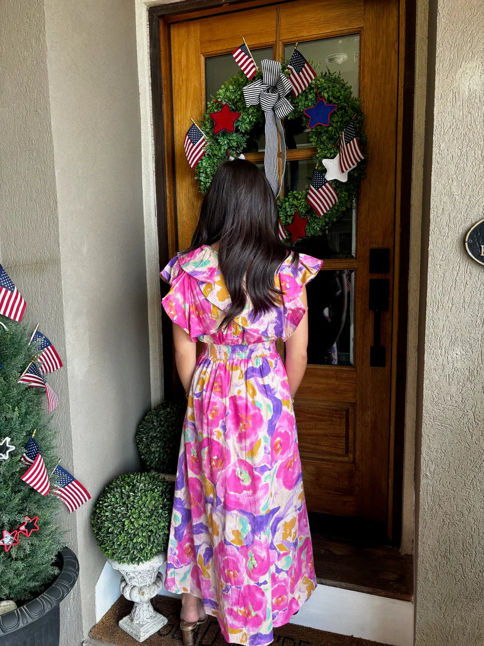 Umgee Floral Maxi Dress β Ruffle Sleeve Watercolor Print (Size Large)