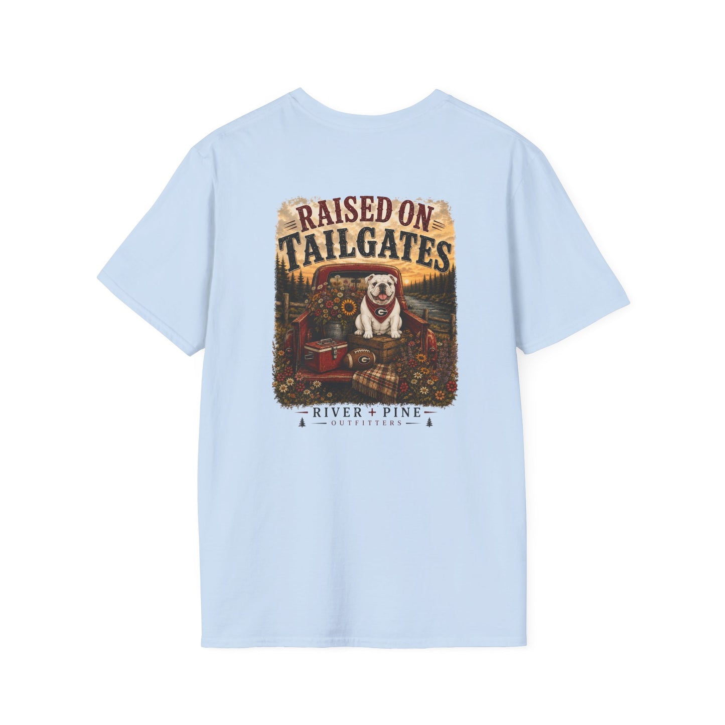 River + Pine -UGA Raised on Tailgates Womens Tee - Gildan Softstyle