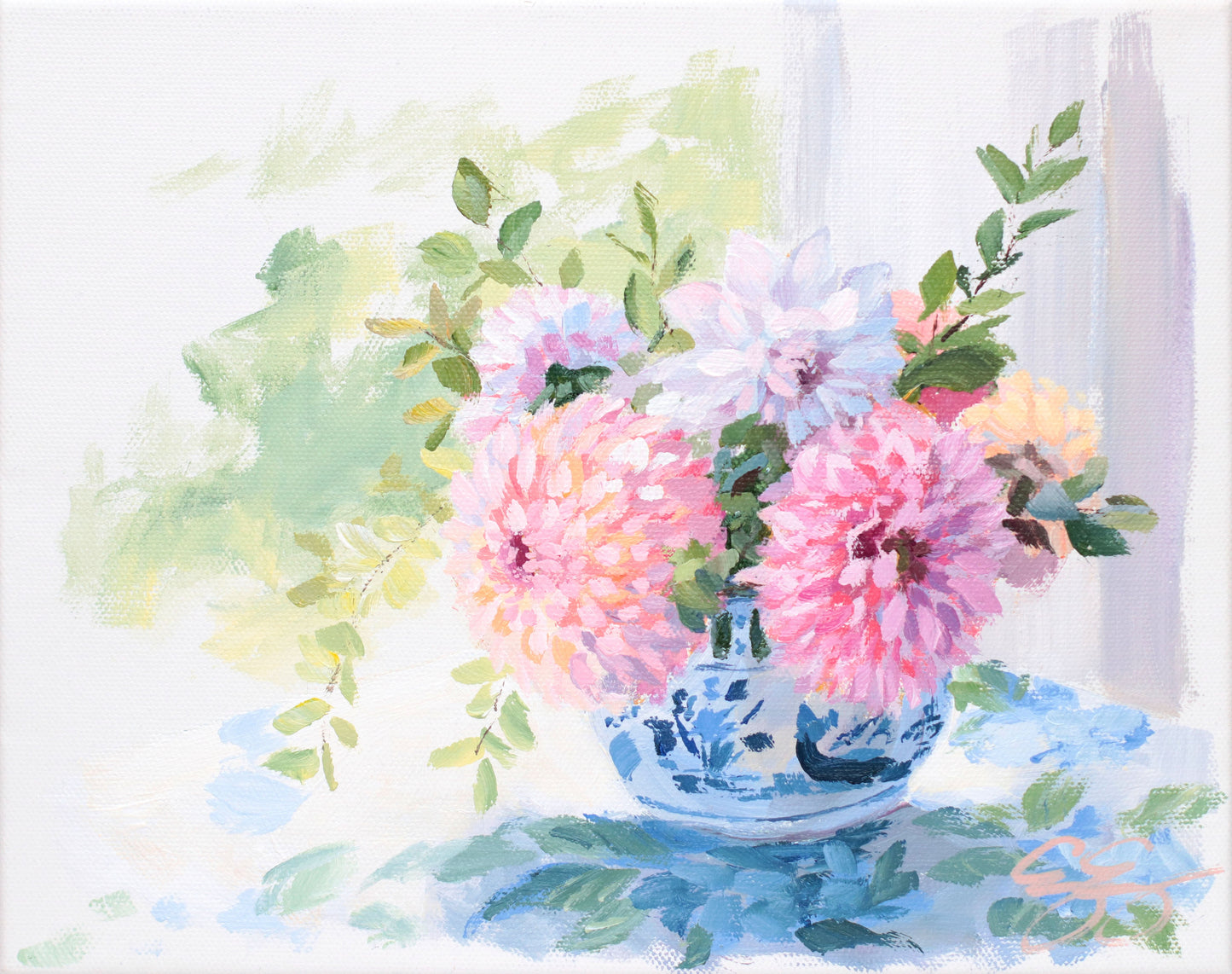 Dahlias in little ginger jar (No. 501) - 8 x 10 acrylic painting on canvas