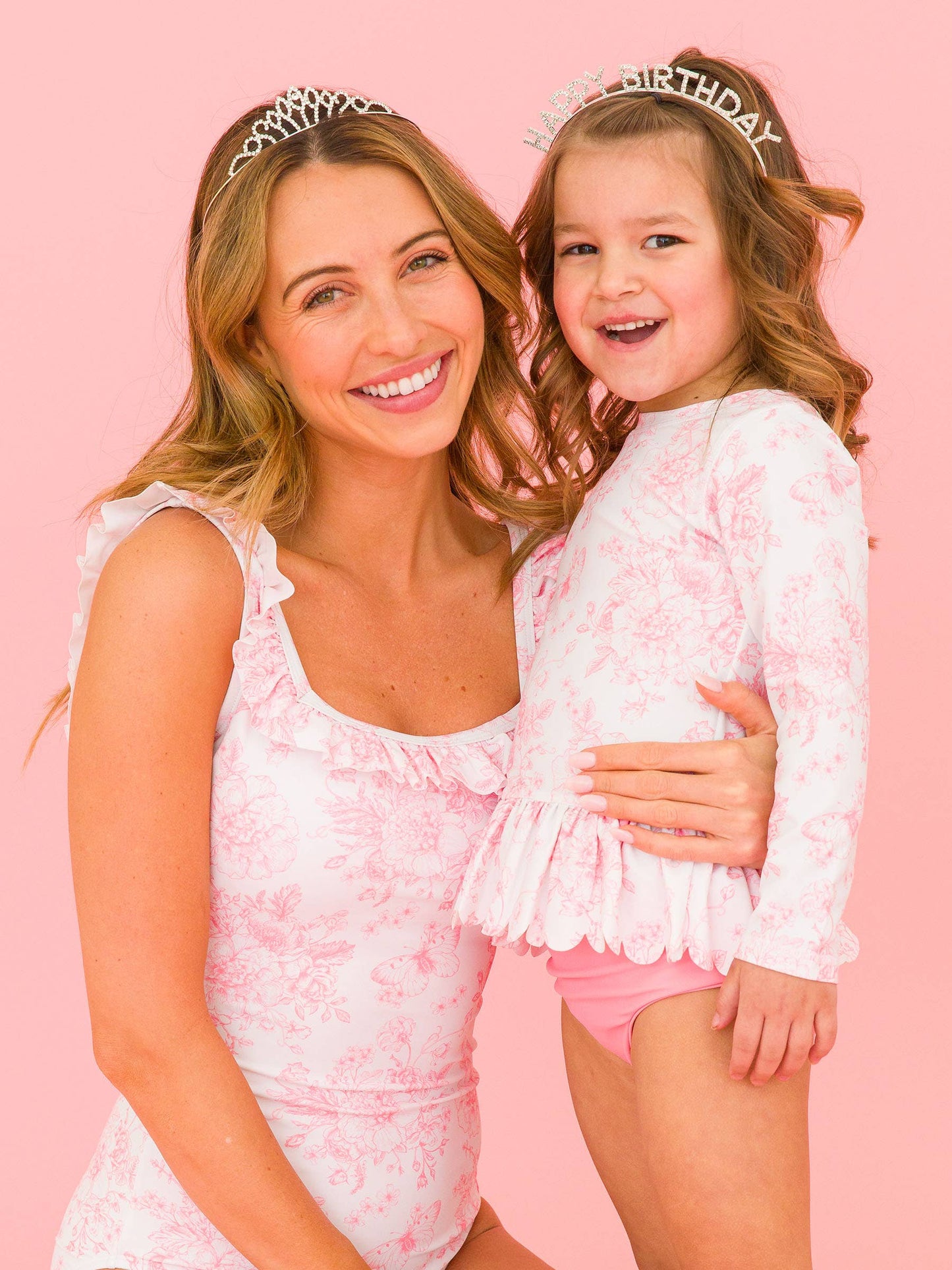 RuffleButts + RuggedButts - Girls Pink Butterfly Garden Toile Long Sleeve Rash Guard 2-Piece
