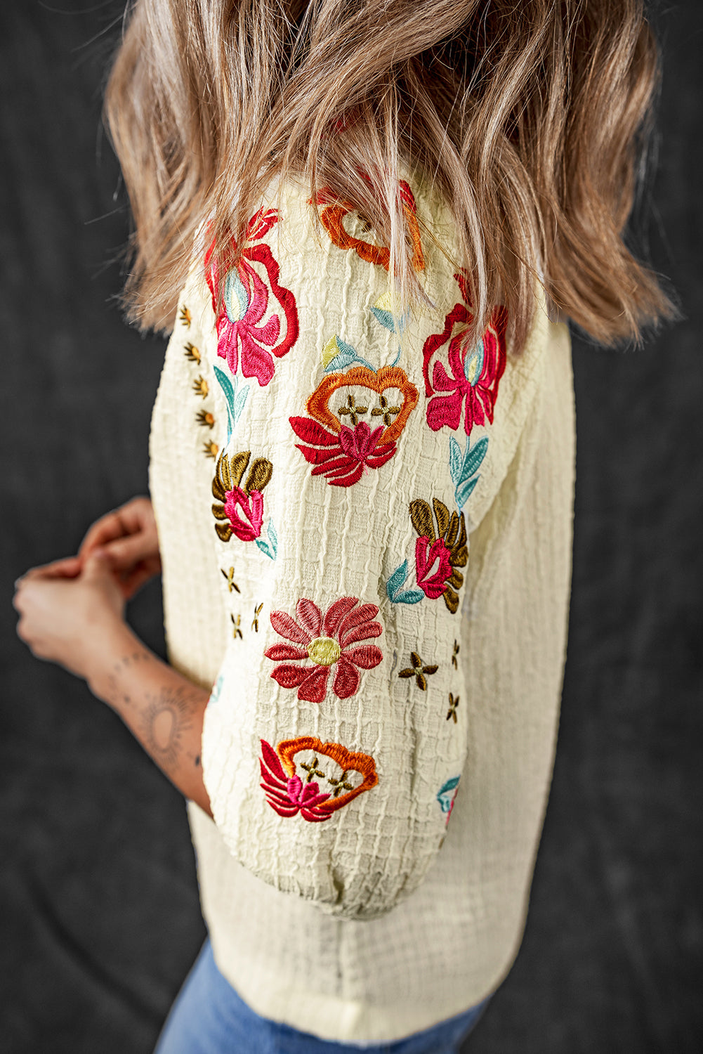 Beige Floral Embroidered Ric Rac Puff Sleeve Textured Blouse