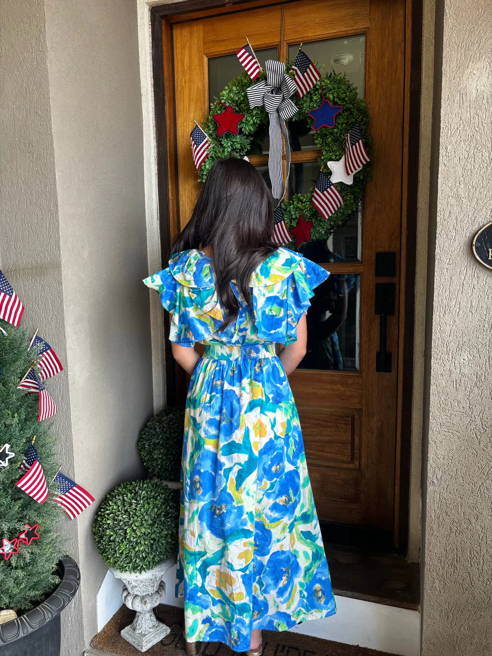 Umgee Floral Maxi Dress β Ruffle Sleeve Watercolor Print (Size Large)