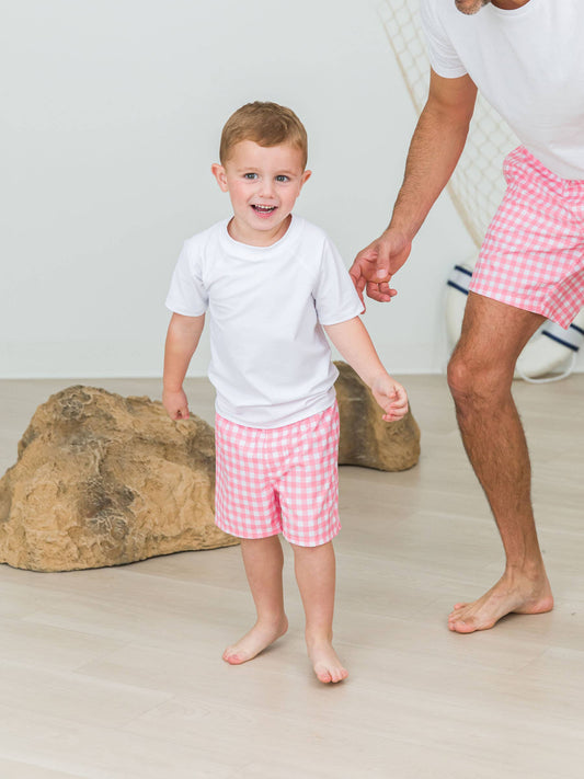 RuffleButts + RuggedButts - Boys Bubblegum Pink Gingham Swim Trunks