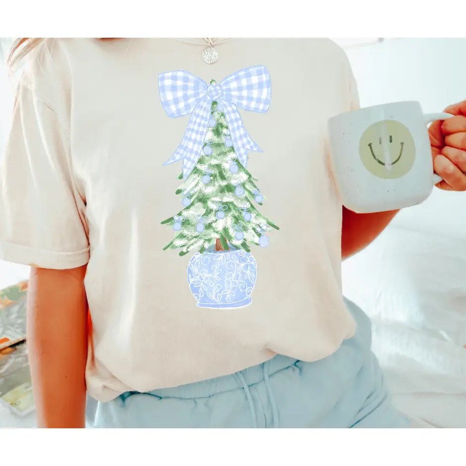Cream Comfort Color Tee with Grandmillennial Tree Light Blue Checked Bow