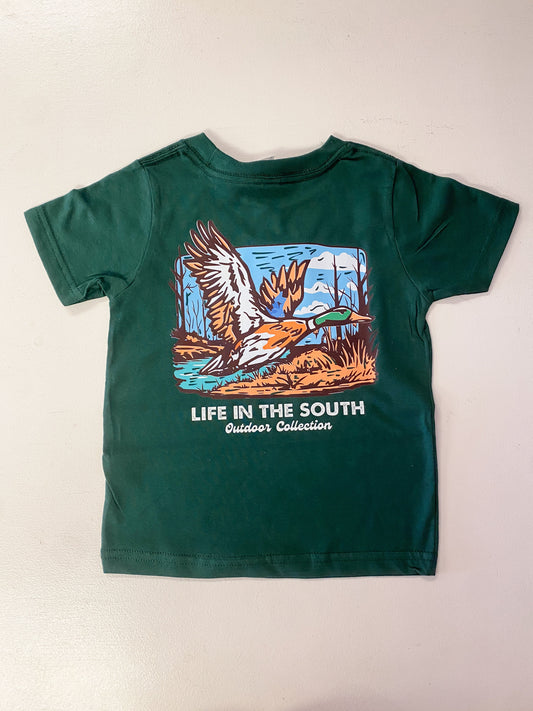 Flying Duck Kids T-Shirt | Forest Green Mallard Hunting Shirt for Boys & Girls | Southern Outdoor Youth Tee | Bossier City, LA