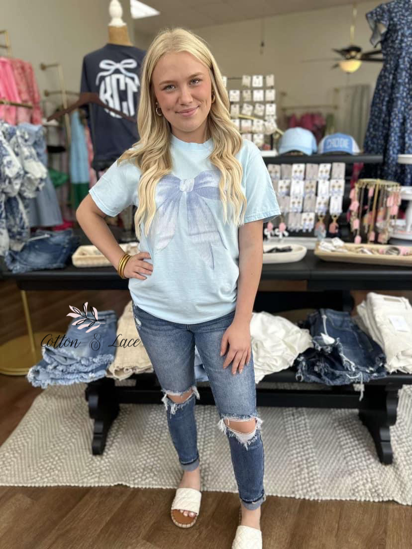 Blue Bow on WHITE CC Tee