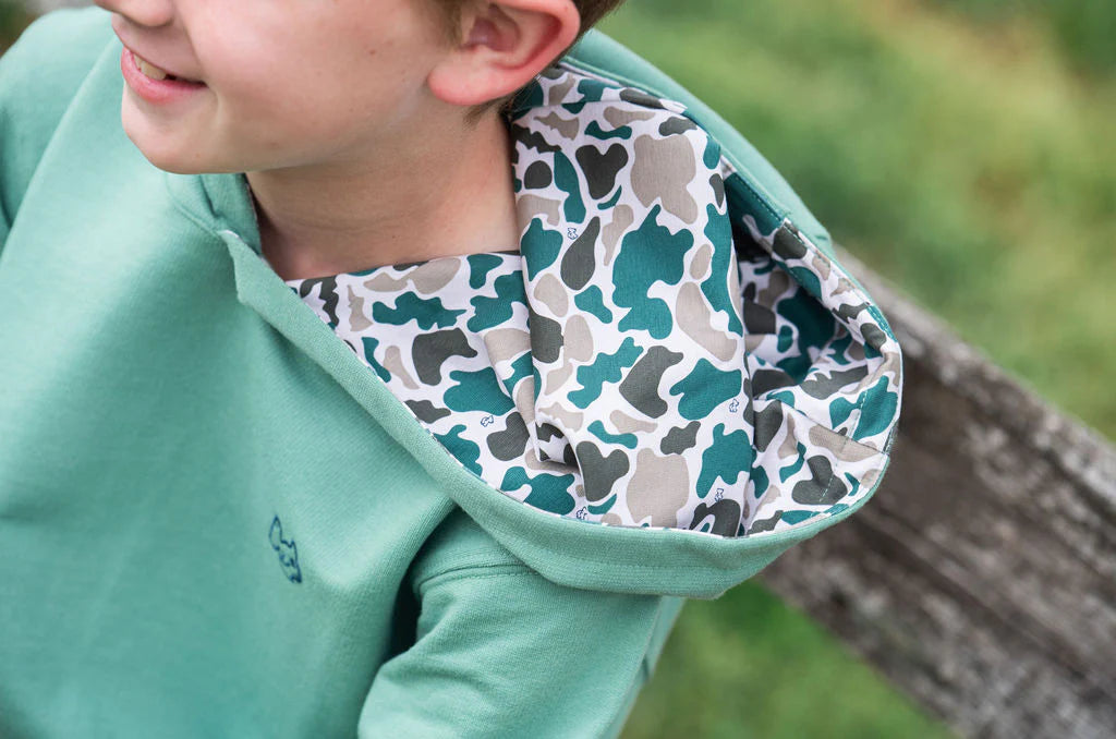 Prodoh Boys Spinnerbait Sweatshirt in Frosty Spruce Green with Camo Liner and PRODOH Logo on Back