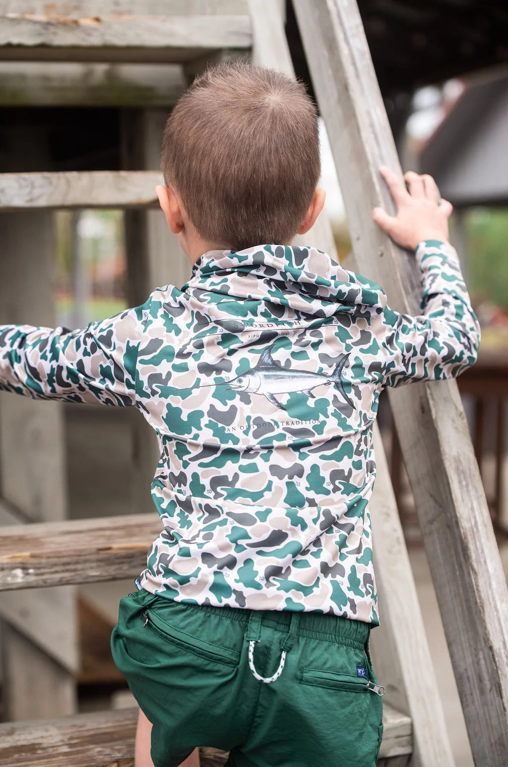 Prodoh Kid's Pro Performance Hoodie T-shirt in Break Point Camo with Swordfish