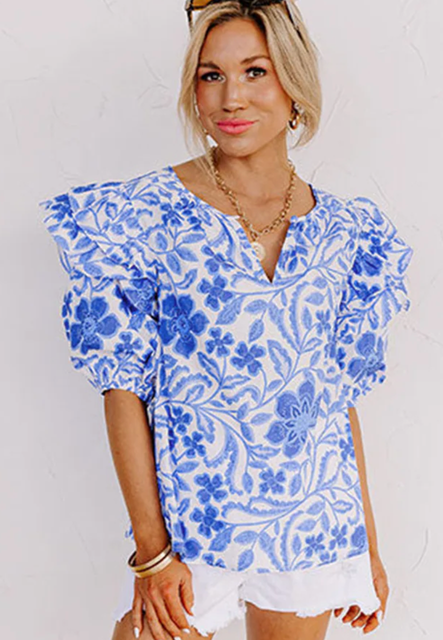 Dark Blue Floral Print Ruffled Bubble Sleeve Blouse