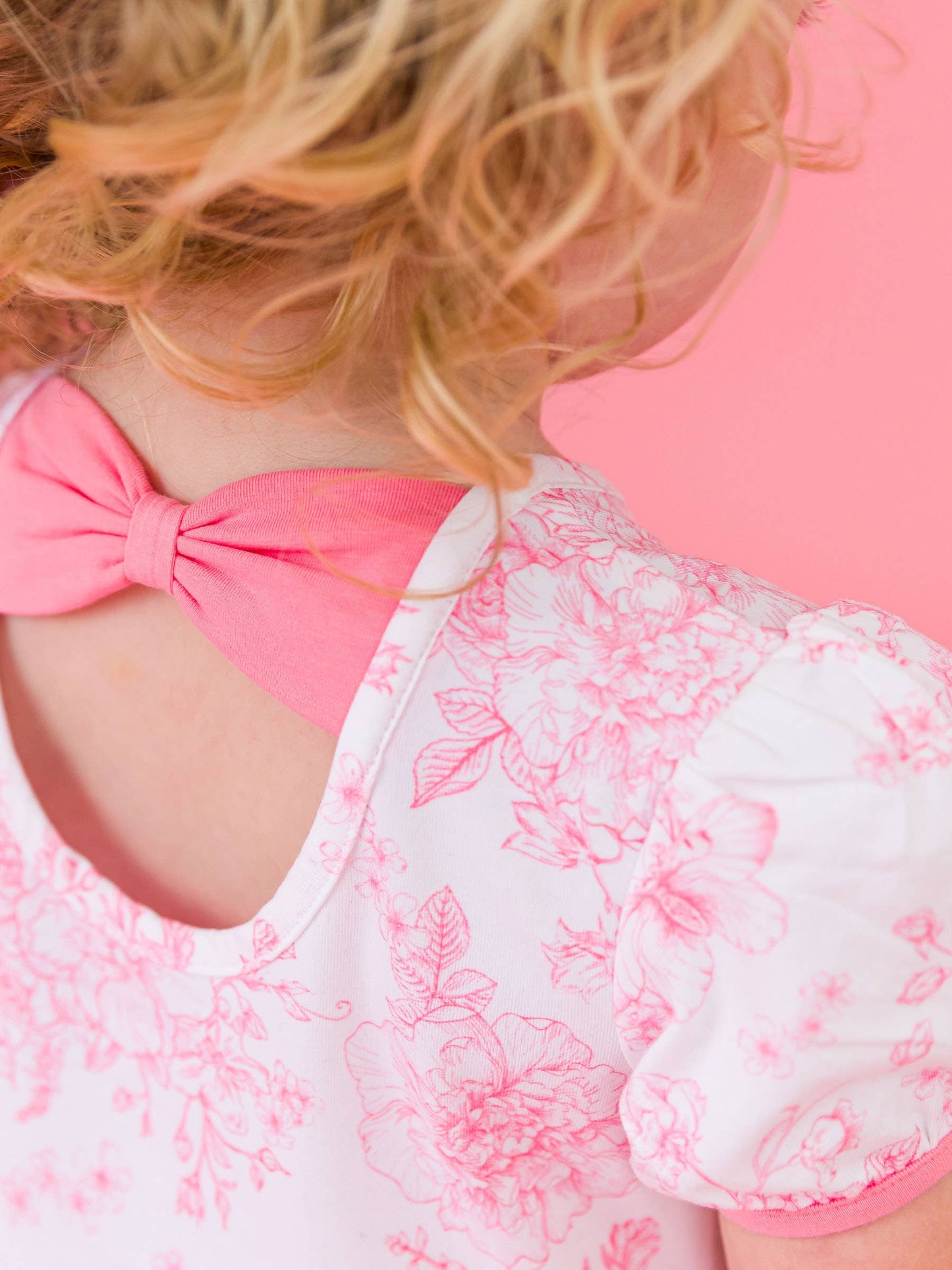 RuffleButts + RuggedButts - Girls Bubblegum Pink Butterfly Garden Toile Puff Short Sleeve Bow Twirl Dress