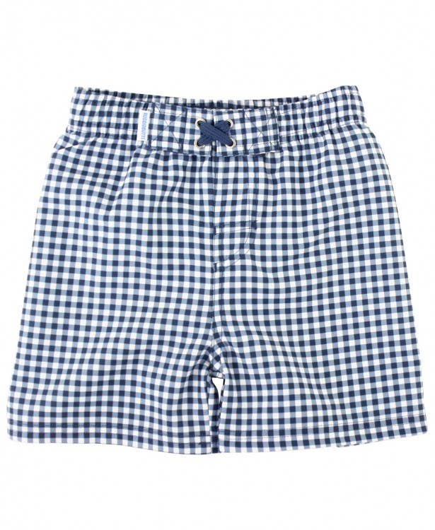 RuffleButts - Navy Gingham Swim Trunks