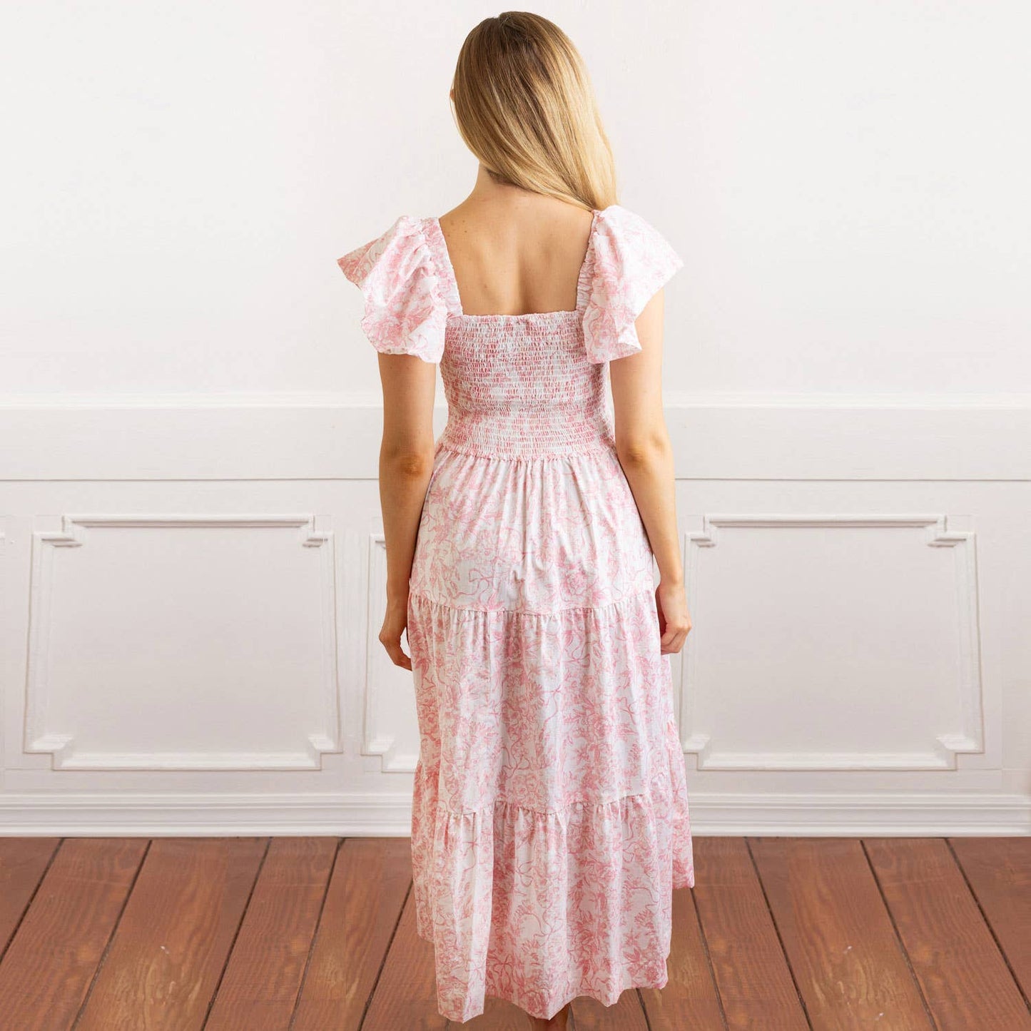 8 Oak Lane - Pink Bow Toile Smocked Flutter Sleeve Dress