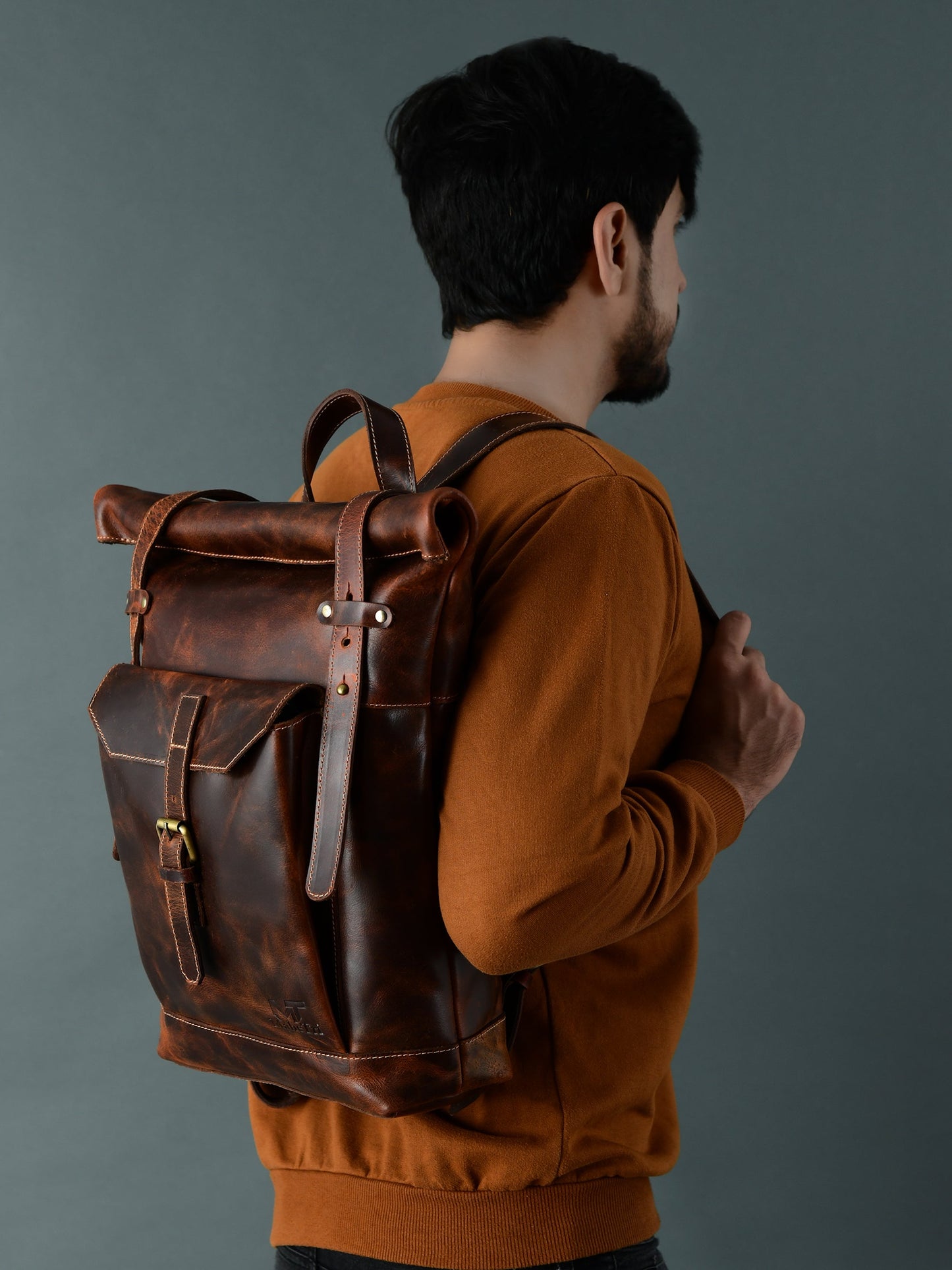 Brown Saddleback Backpack- Roll Top