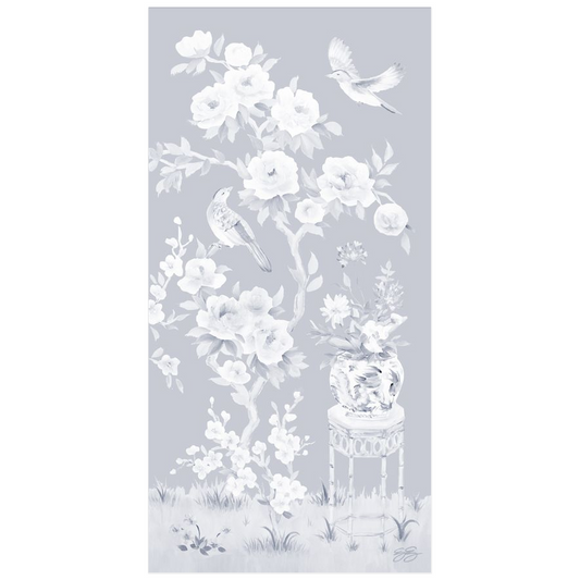 June, a tonal blue chinoiserie fine art print on paper with birds and peonies