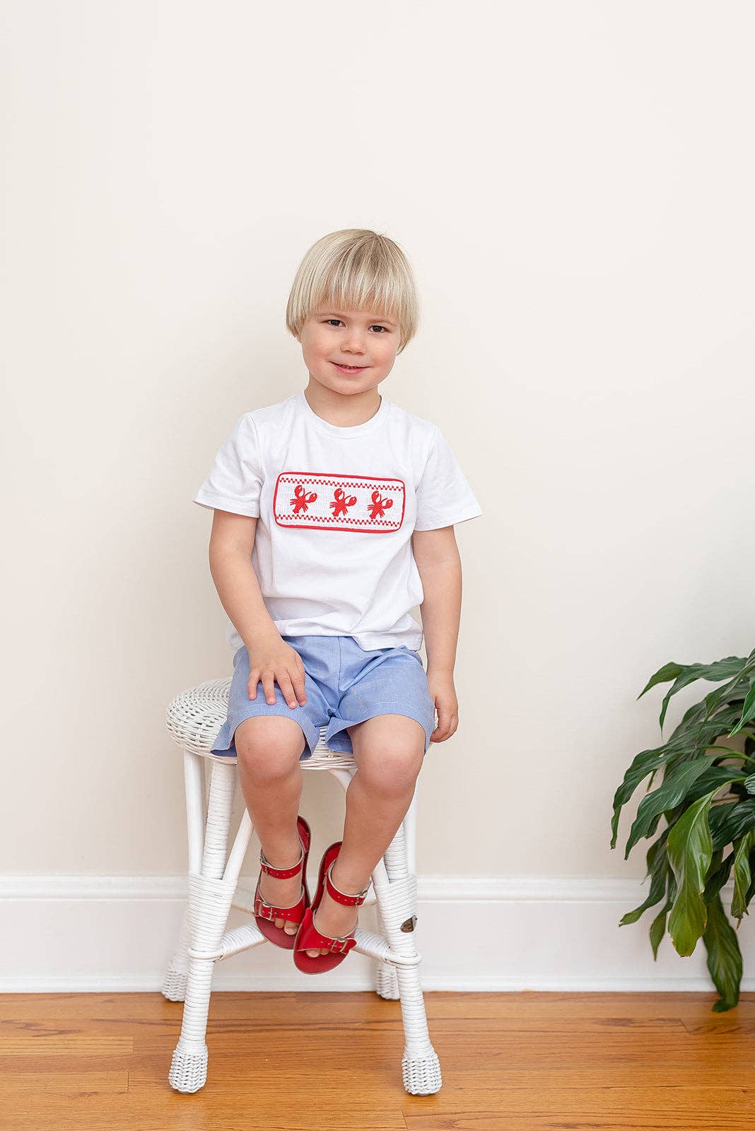 Lil Cactus - White Crawfish Smocked Tee and Denim Look Shorts Set