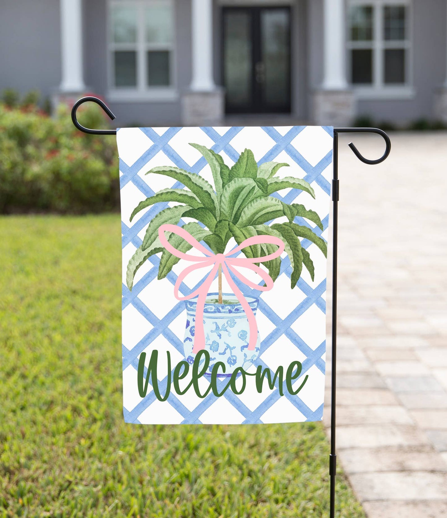 The Navy Knot - Easter Garden Flag - Blue Plaid Palm Tree