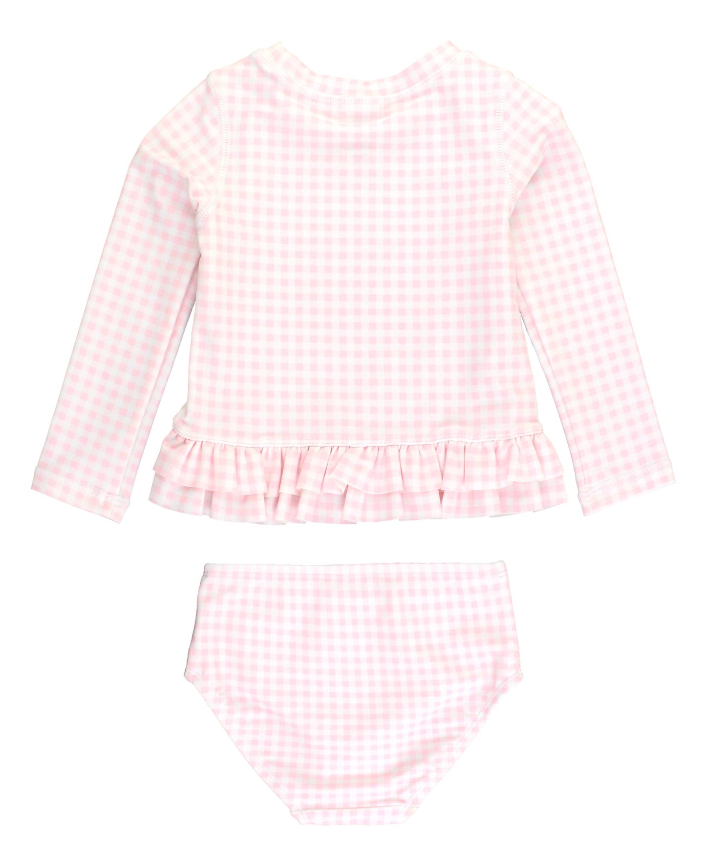 RuffleButts + RuggedButts - Girls Pink Gingham Ruffle Hem Rash Guard 2-Piece