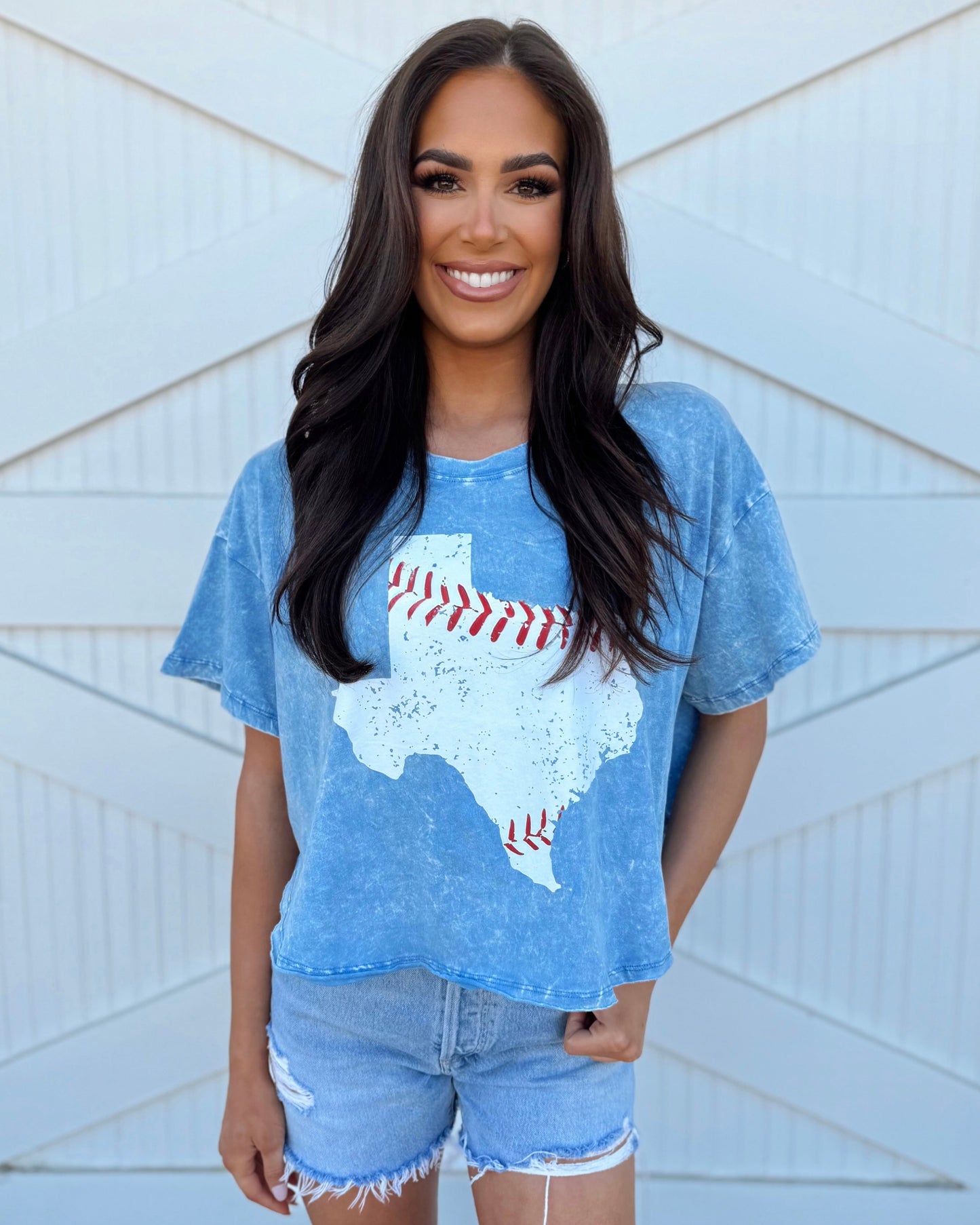 Blue Baseball In “Texas” Mineral-Dipped Flowy Cropped Tee