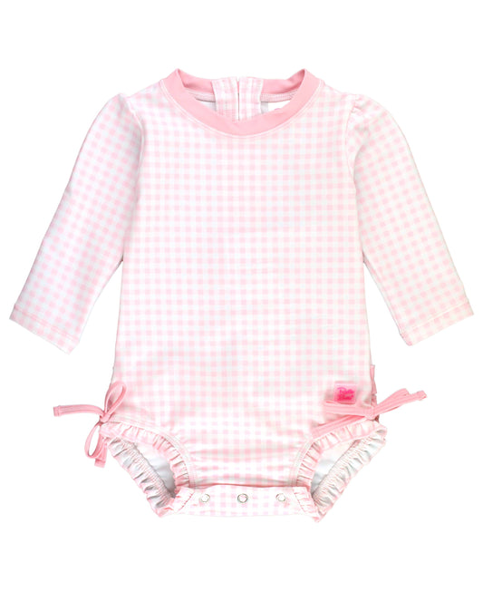 RuffleButts + RuggedButts - Baby Girls Pink Gingham Long Sleeve One Piece Rash Guard