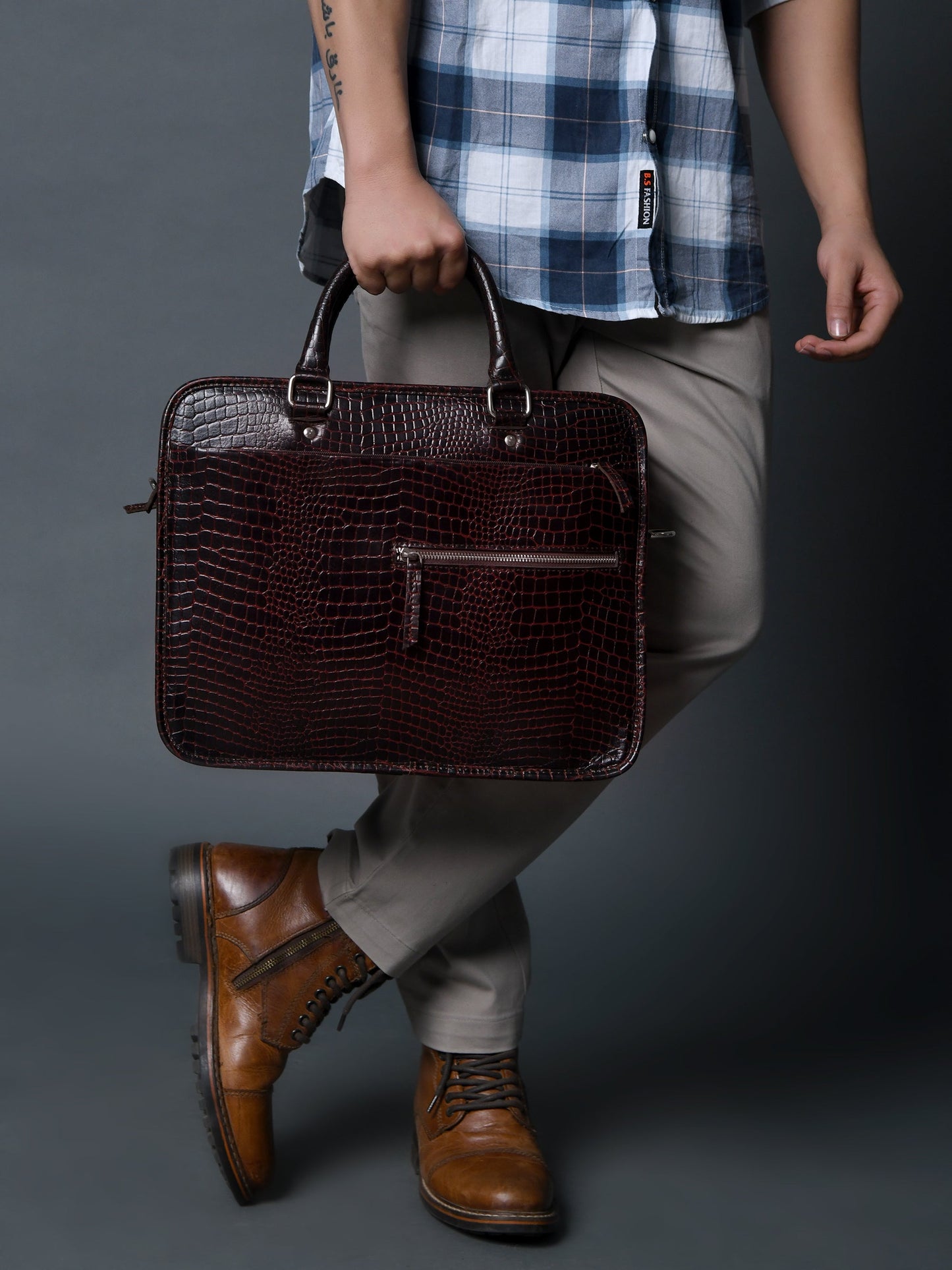 Croco Leather Computer Bag, Dark Brown