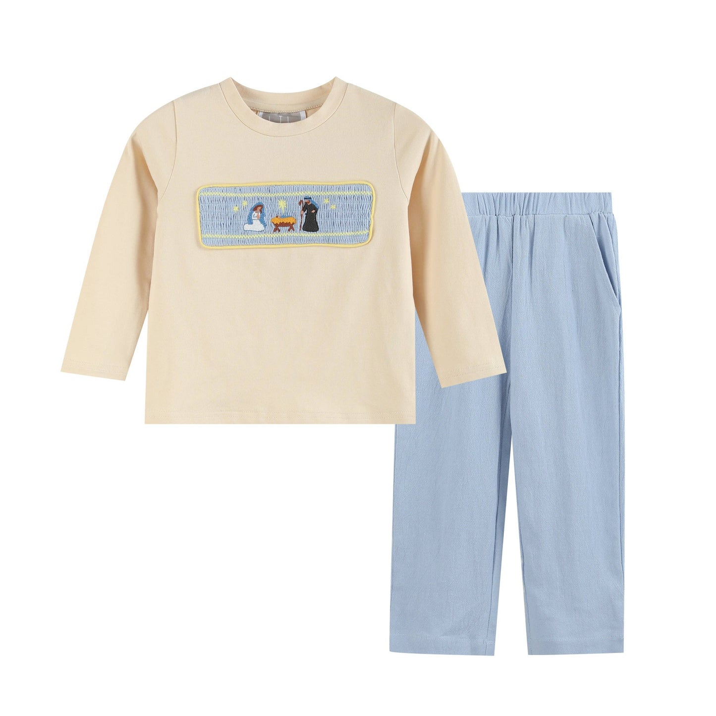 Lil Cactus - Light Brown Nativity Smocked Shirt and Blue Pants