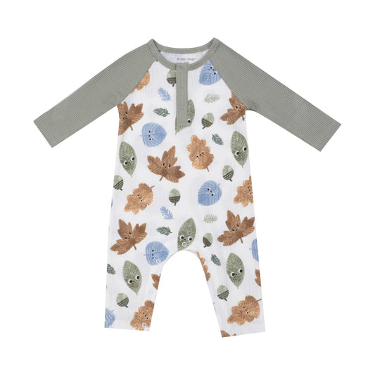 L/S Raglan Henley Romper - Cuddly Leaves