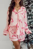 Pink Christmas Candy Cane Print Loose Fit Two Piece Pajama Set