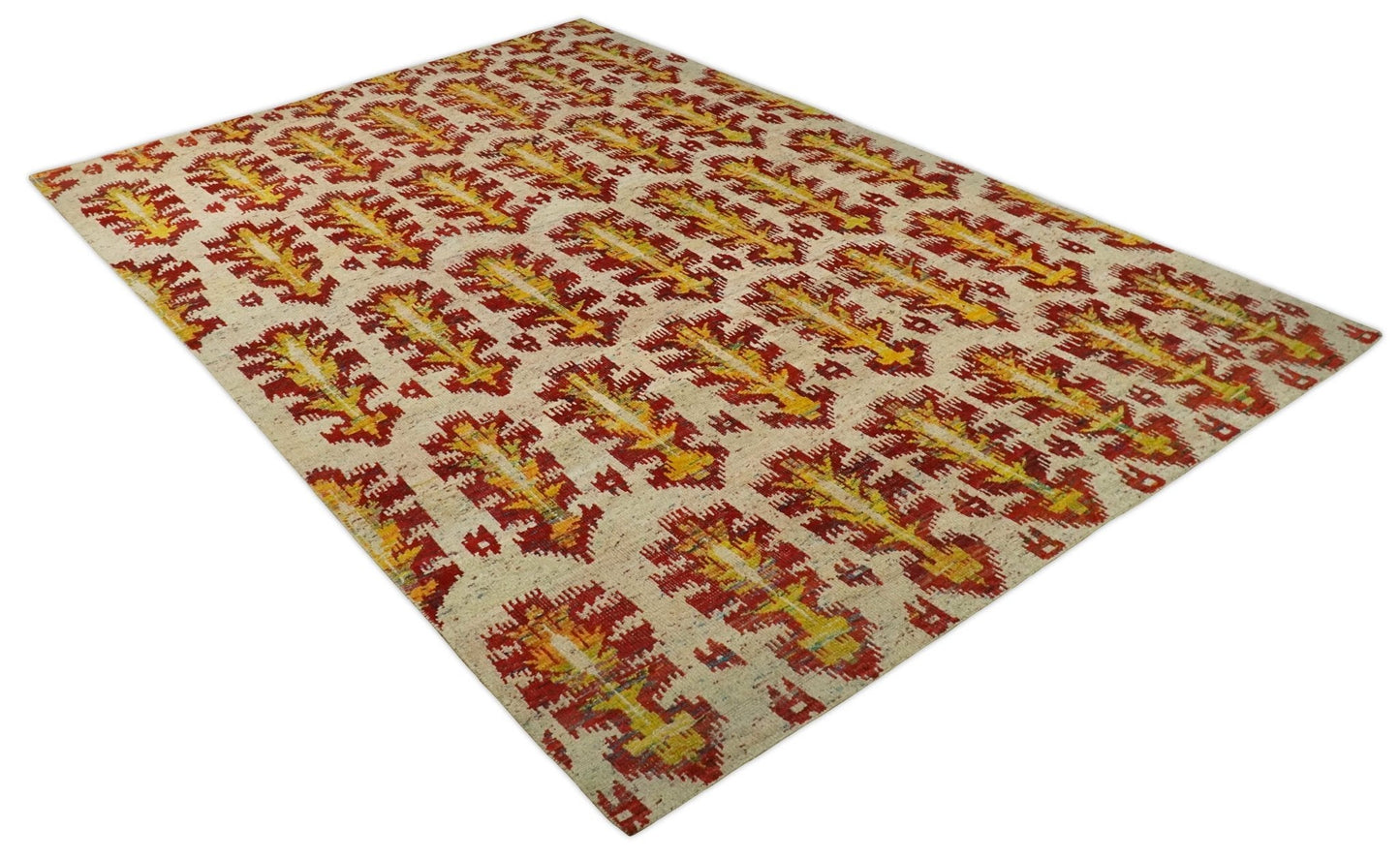 8x10 and 10x14 Hand Knotted Beige, Rust and Gold Modern Contemporary Southwestern Tribal Trellis Recycled Silk Area Rug | OP24