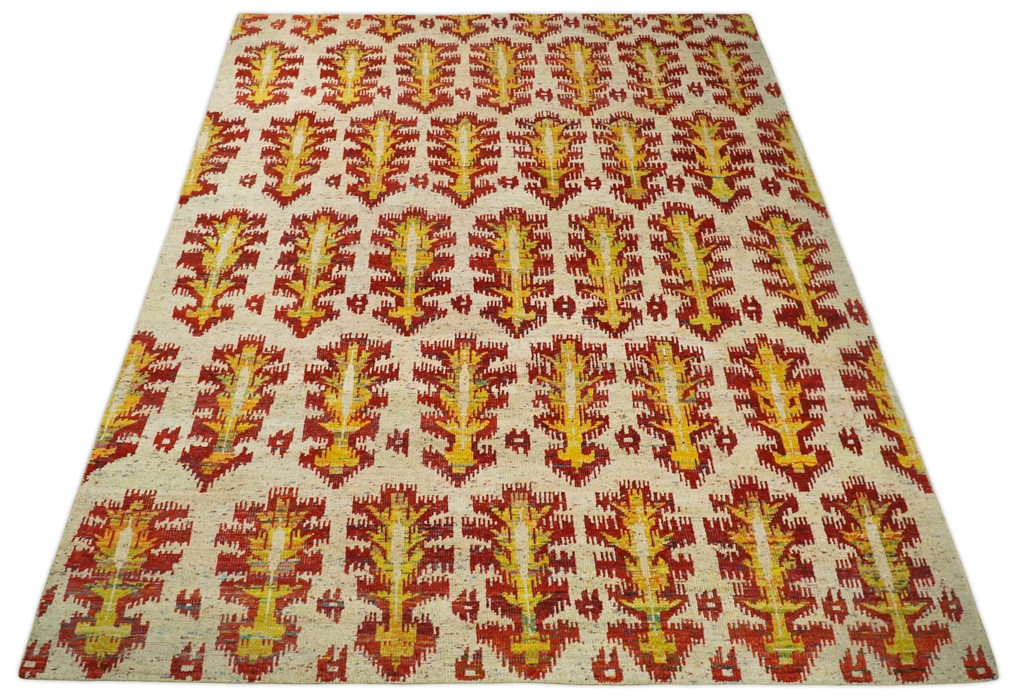 8x10 and 10x14 Hand Knotted Beige, Rust and Gold Modern Contemporary Southwestern Tribal Trellis Recycled Silk Area Rug | OP24