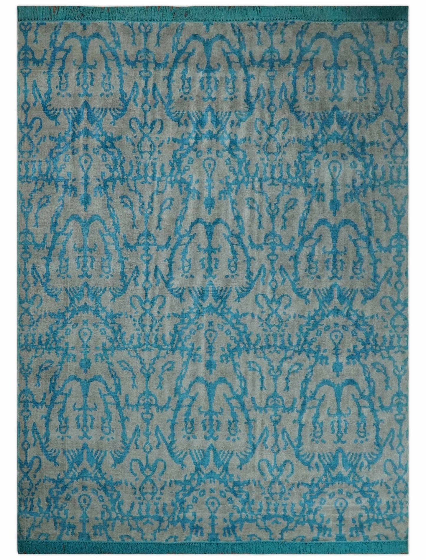 10x14 Hand Knotted Gray and Blue Modern Contemporary Southwestern Tribal Trellis Bamboo Silk Area Rug | OP34