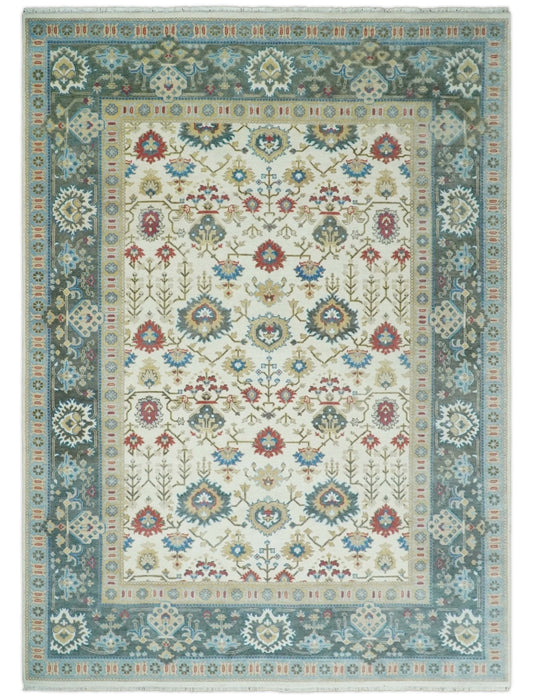 10x14 Hand Knotted Ivory, Camel and Teal Persian Oushak Wool Area Rug | TRDCP8941014