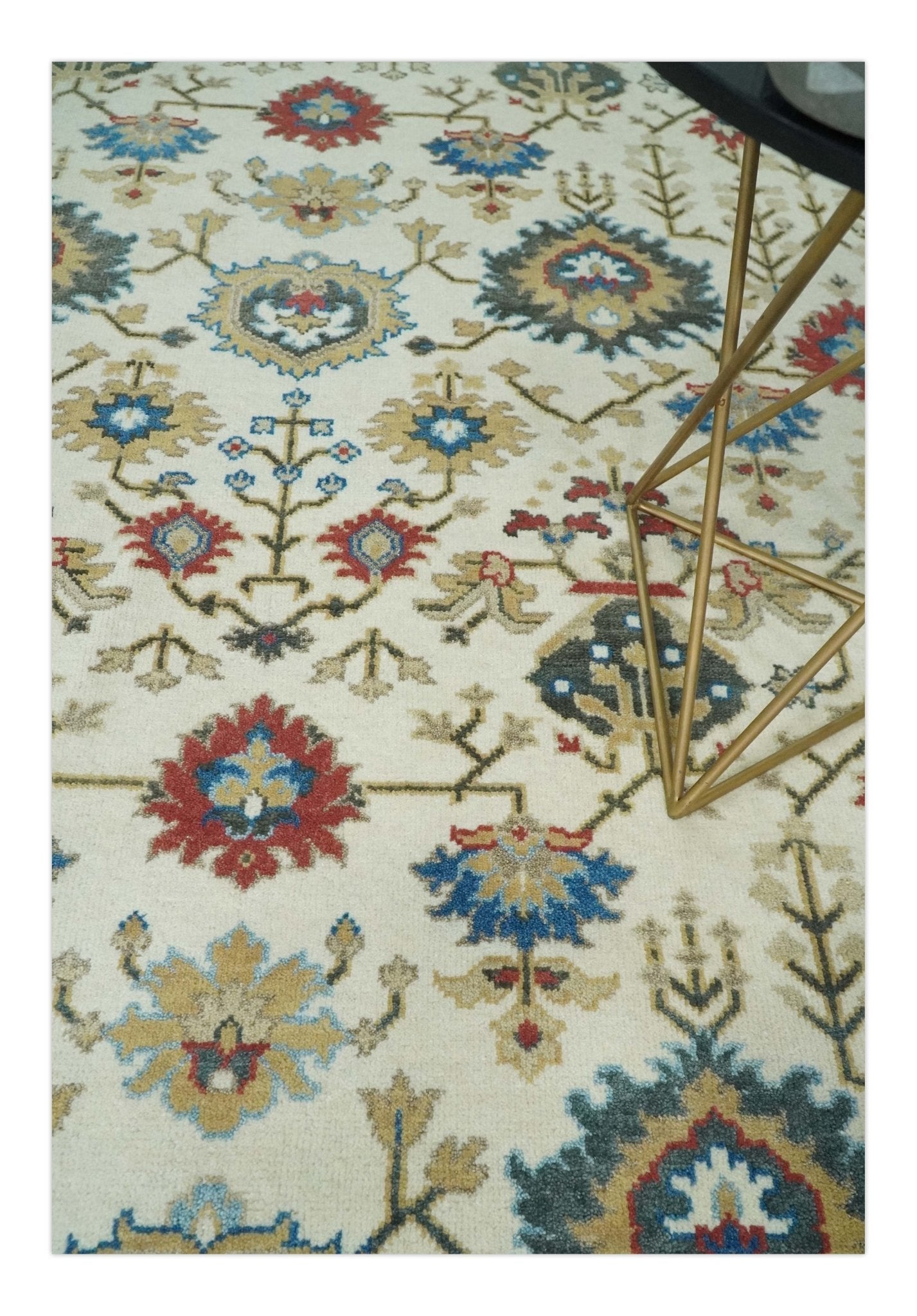 10x14 Hand Knotted Ivory, Camel and Teal Persian Oushak Wool Area Rug | TRDCP8941014