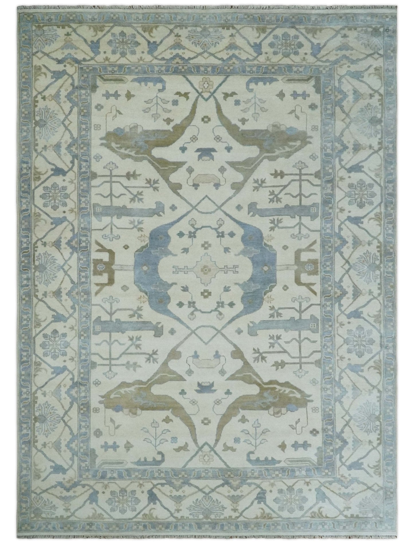 10x14 Ivory, Charcoal and Olive Hand knotted Traditional Oriental Oushak Wool Area Rug