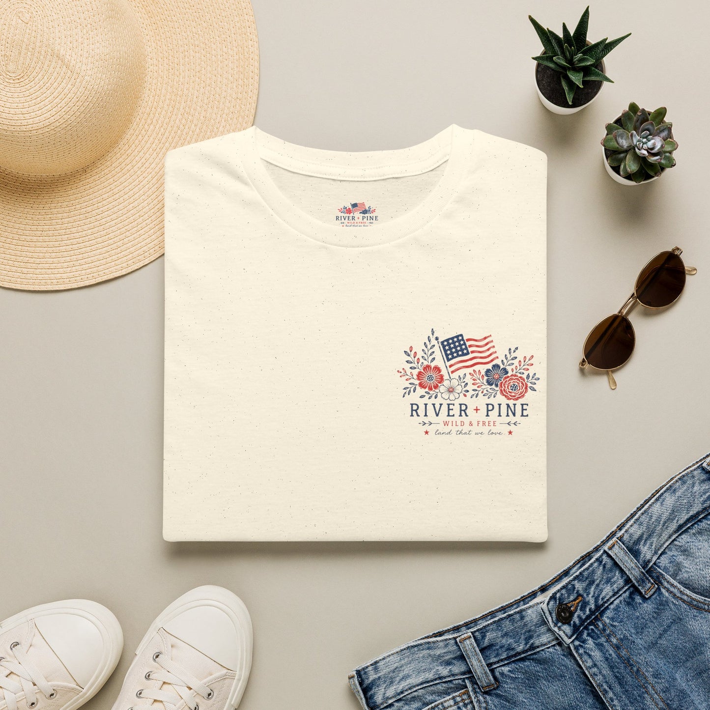 Patriotic Wild & Free Floral "River + Pine" Women's Tee