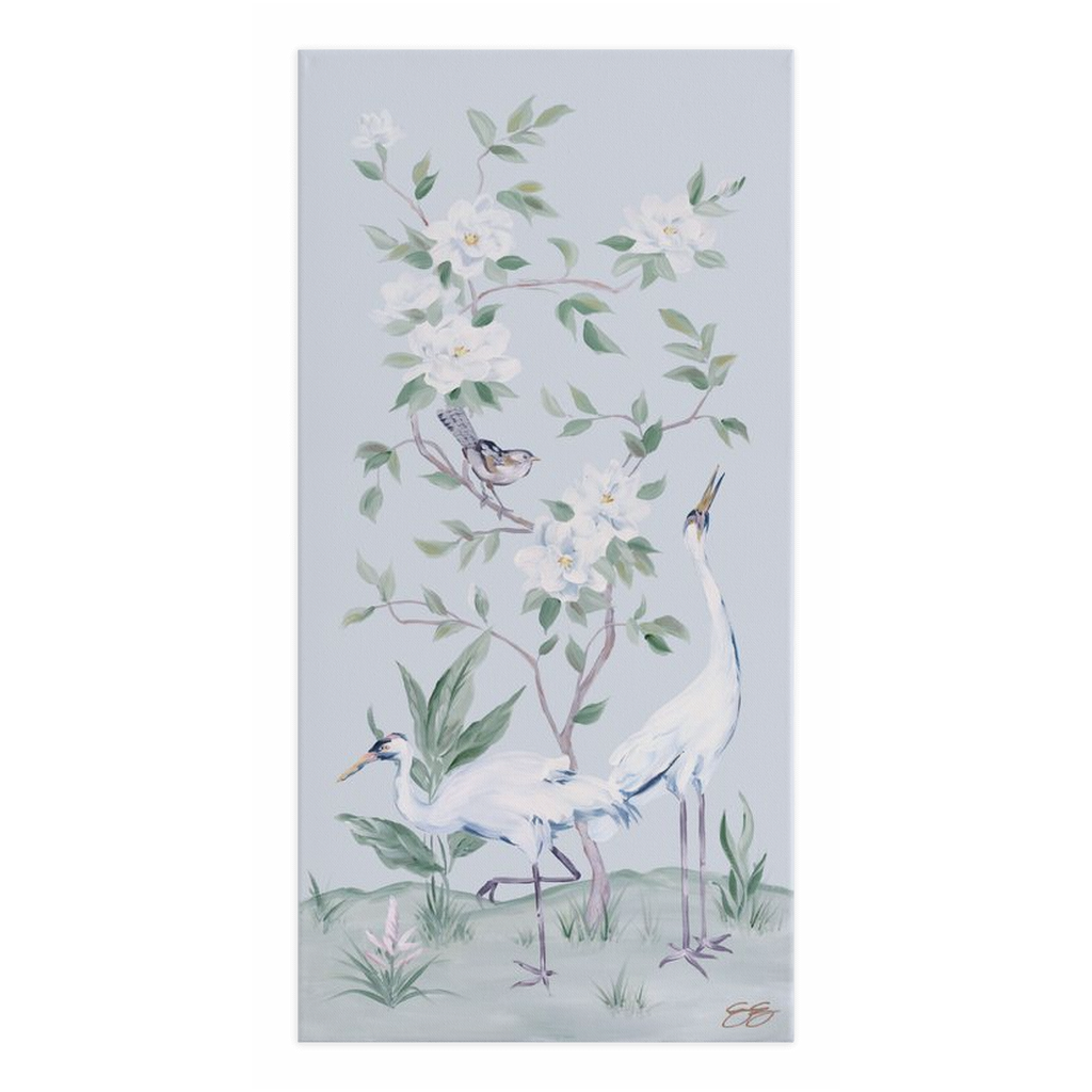 Cranes and Gardenias, a light blue chinoiserie canvas wrap