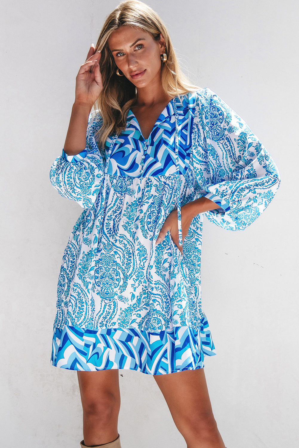 Sky Blue Bohemian Print Puff Sleeve V Neck Flared Mini Dress