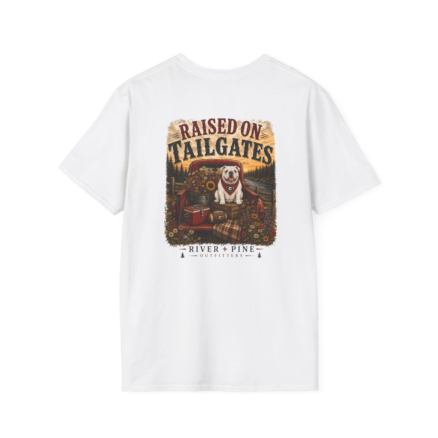 River + Pine -UGA Raised on Tailgates Womens Tee - Gildan Softstyle