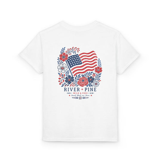 Patriotic Wild & Free Floral "River + Pine" Girl's Youth Tee