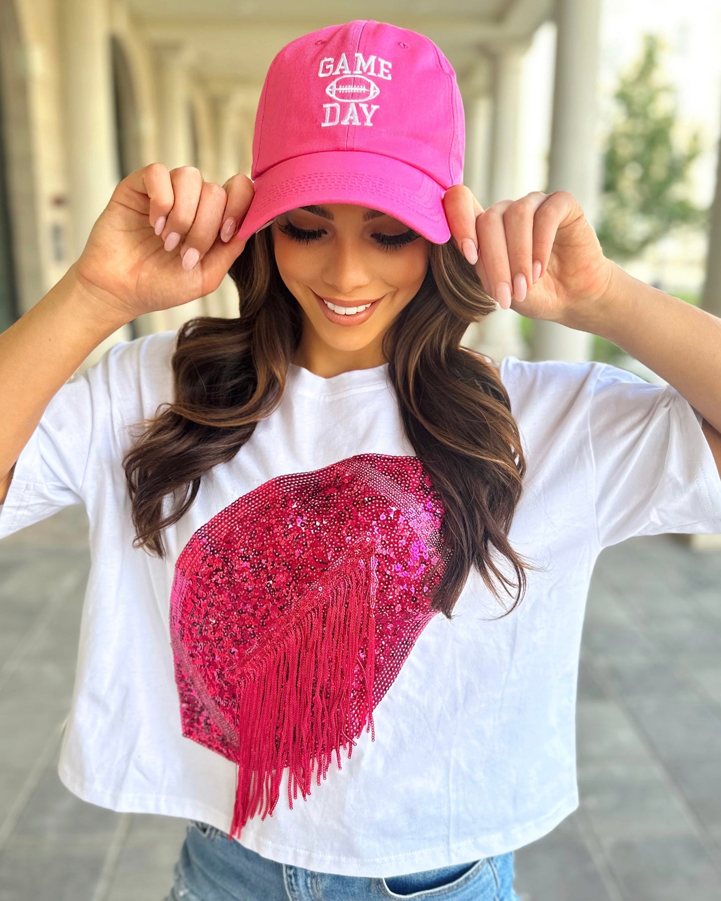 White/Hot Pink Cropped Sequin Fringe Football Tee