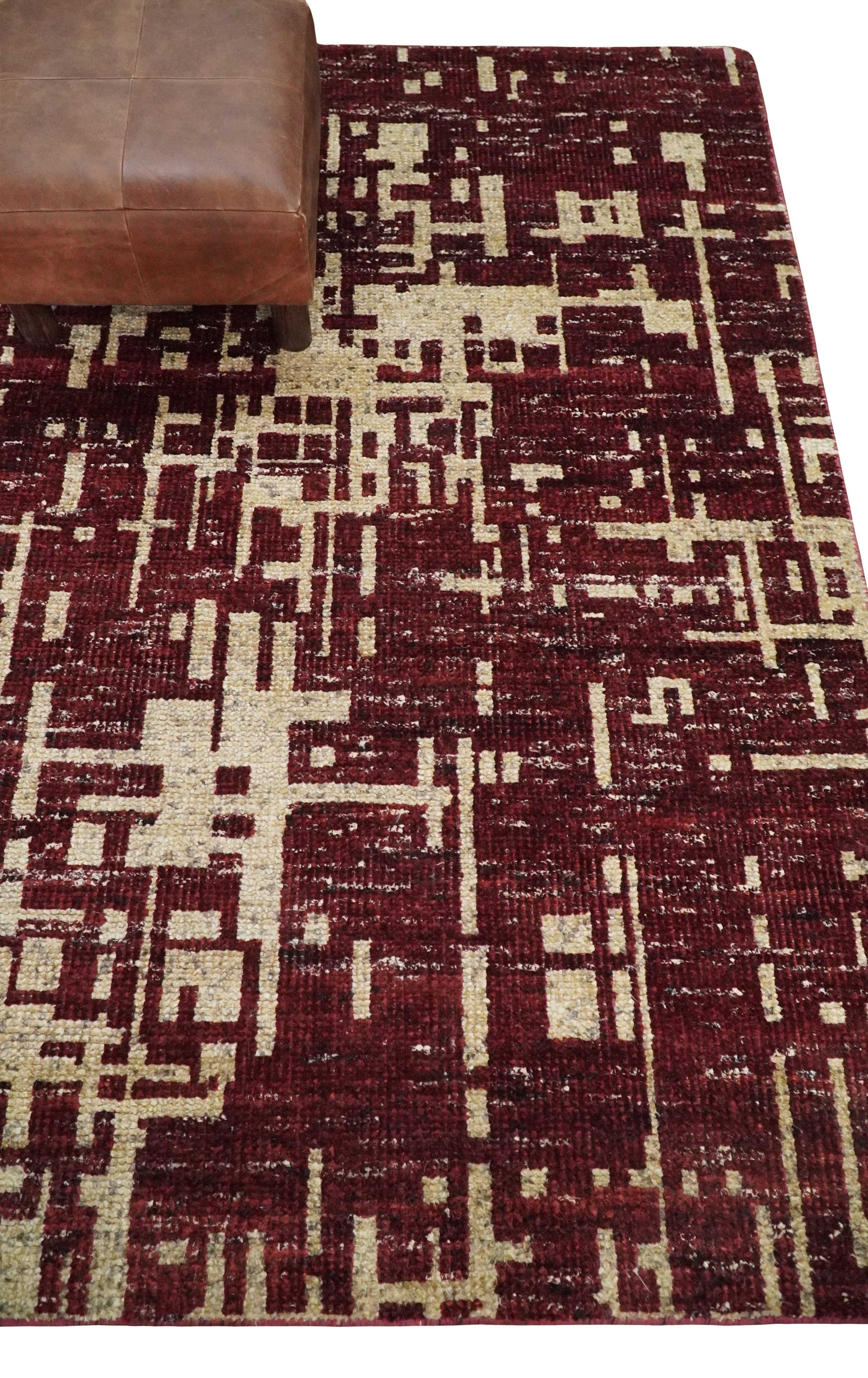 4x6 Hand Knotted Beige and Maroon Modern Abstract Contemporary Recycled Silk Area Rug | OP64