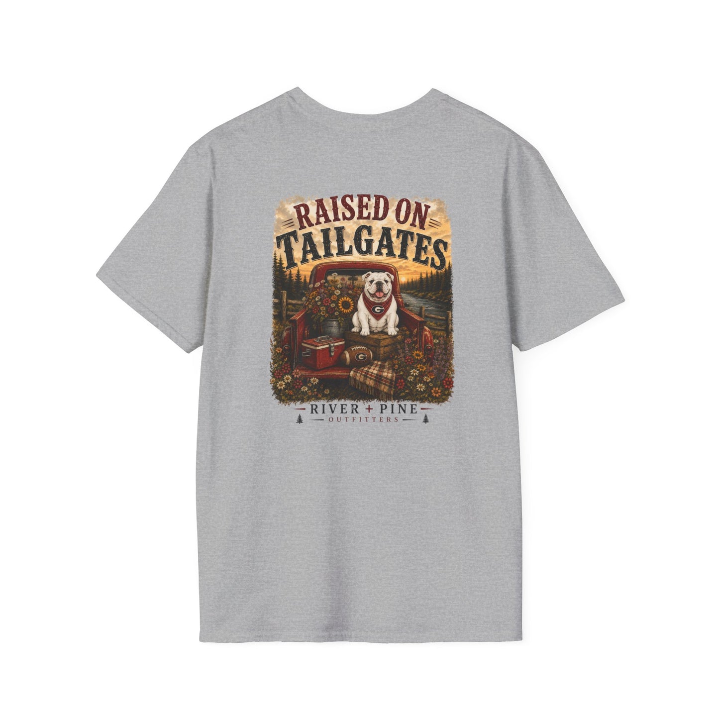River + Pine -UGA Raised on Tailgates Womens Tee - Gildan Softstyle