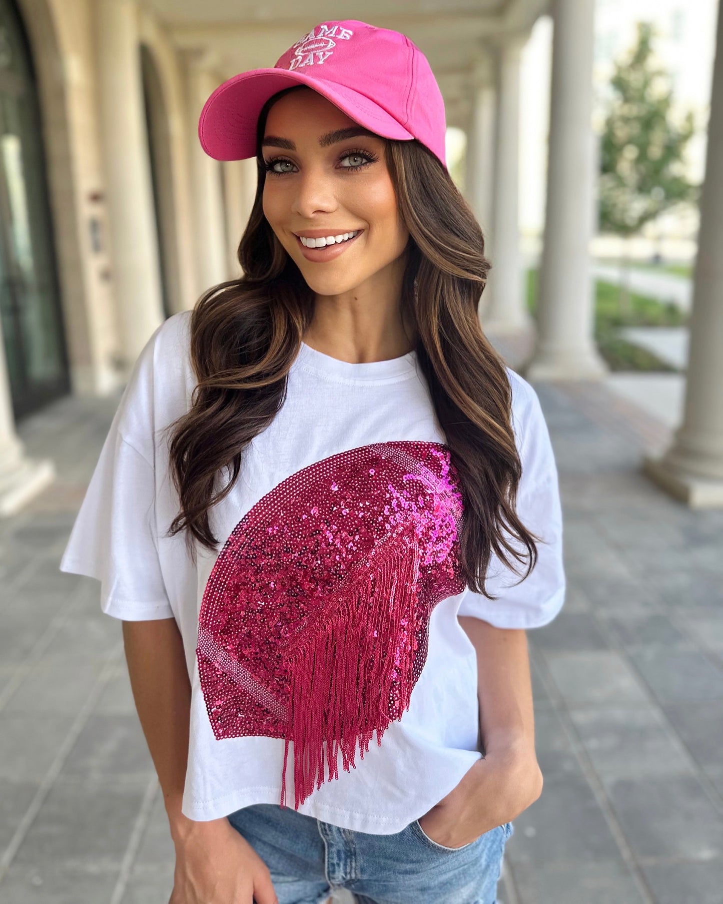 White/Hot Pink Cropped Sequin Fringe Football Tee