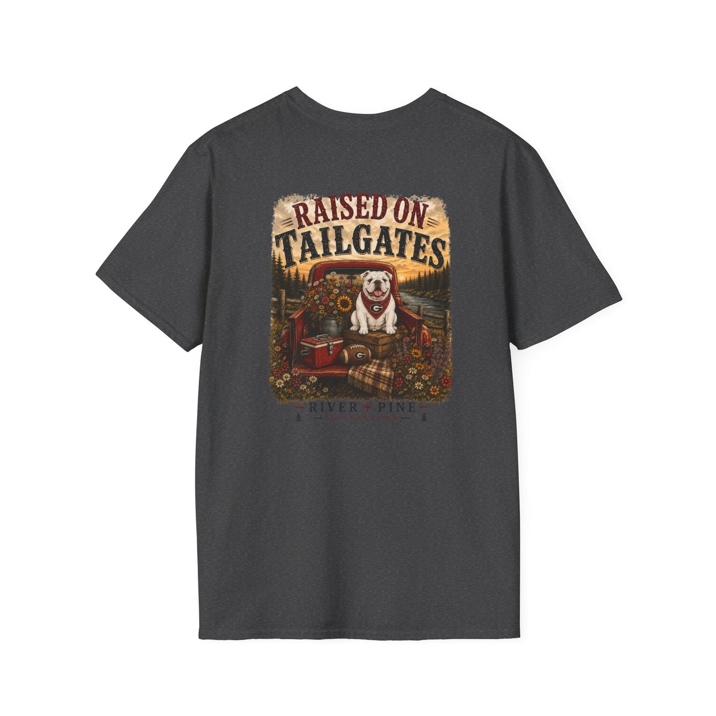 River + Pine -UGA Raised on Tailgates Womens Tee - Gildan Softstyle