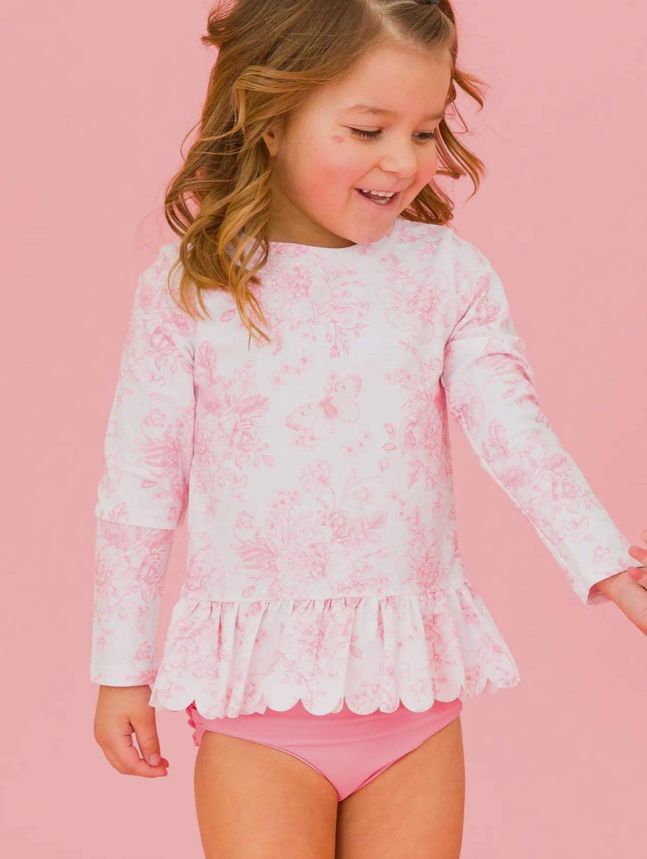 RuffleButts + RuggedButts - Pink Garden Toile Long Sleeve Rash Guard