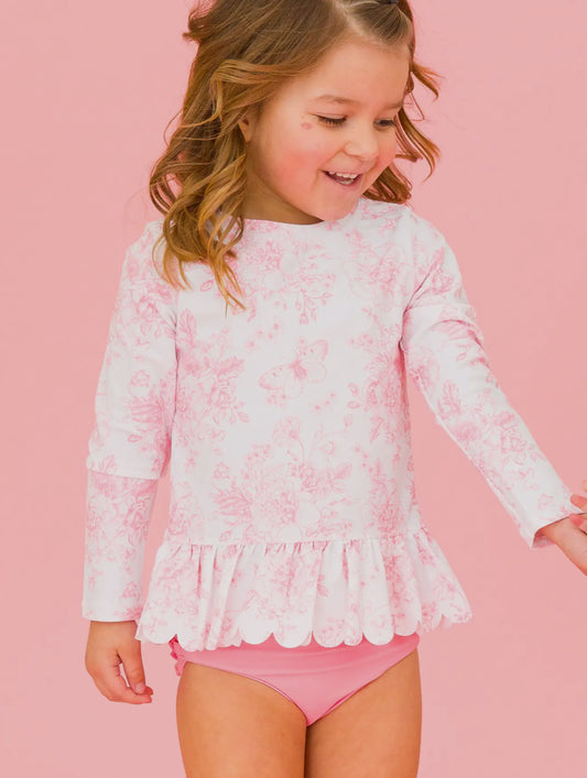 RuffleButts + RuggedButts - Pink Garden Toile Long Sleeve Rash Guard