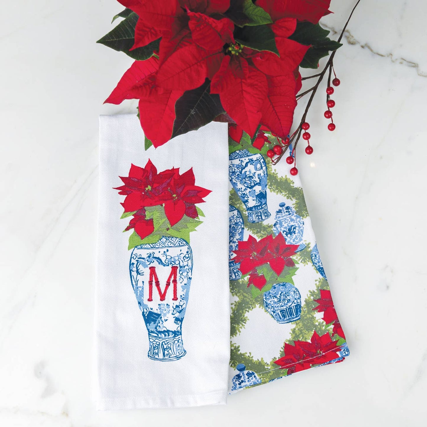 8 Oak Lane - Poinsettias Initial Kitchen Towel Set