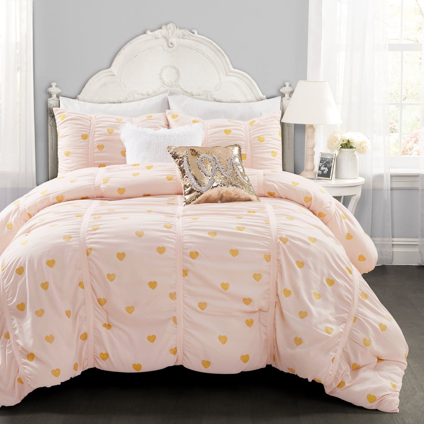 Distressed Metallic Heart Print Comforter Set Back To Campus Dorm Room Bedding