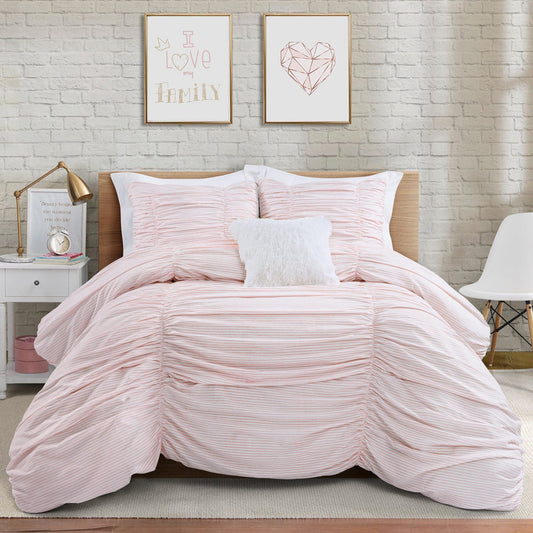 Ruching Ticking Stripe 3 Piece Comforter Set