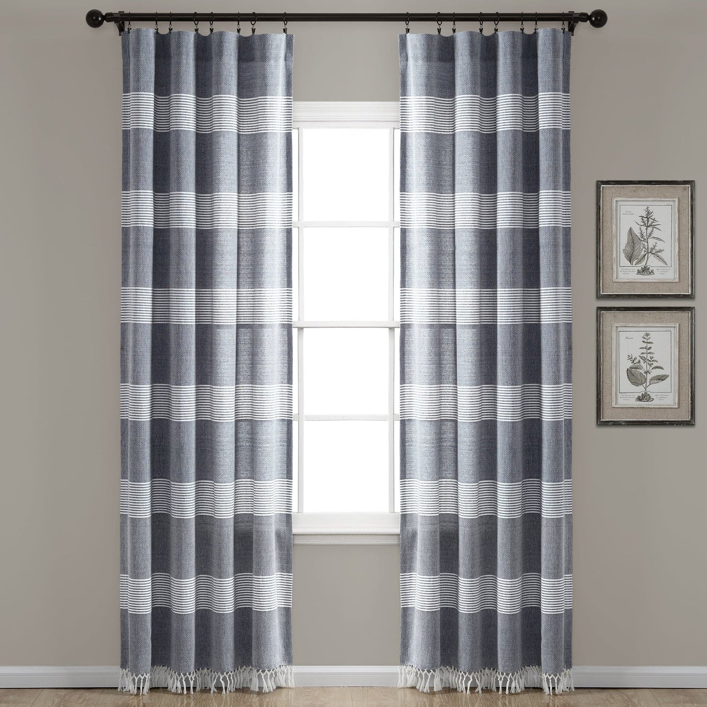 Tucker Stripe Yarn Dyed Cotton Knotted Tassel Window Curtain Panel Set